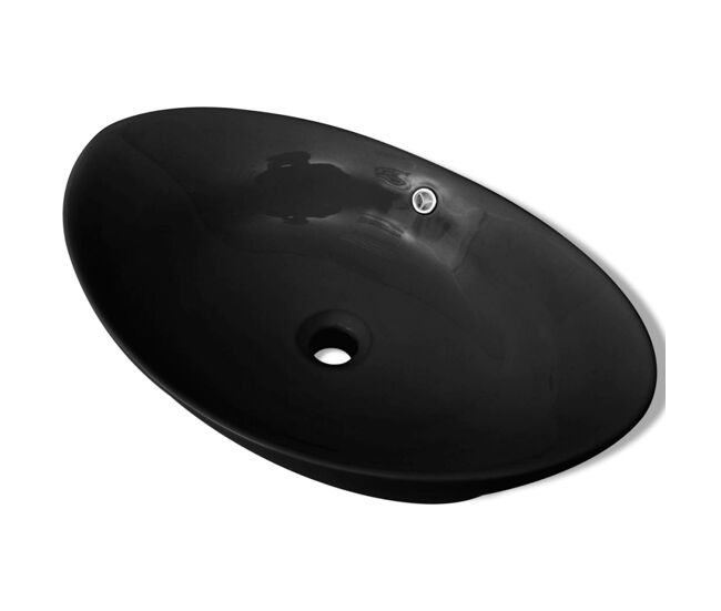 Lavabo oval de cerámica negra de lujo con desagüe, 59 x 38,5 cm