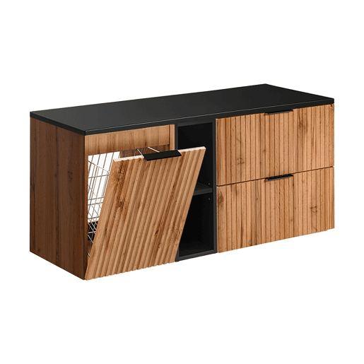 Móvel de lavatório 120cm 2 nichos cesto de roupa Adriel Madeira e Preto