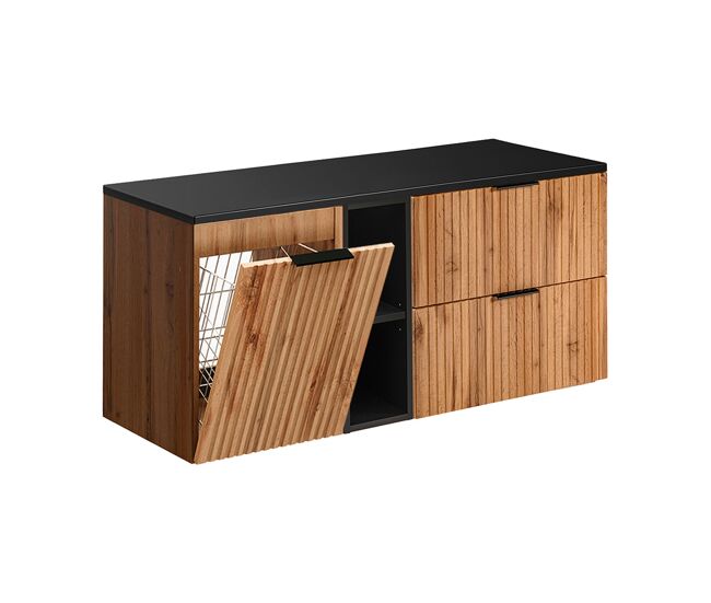 Mueble bajo lavabo 120cm 2 compartimientos cesto de ropa adriel madera y negro