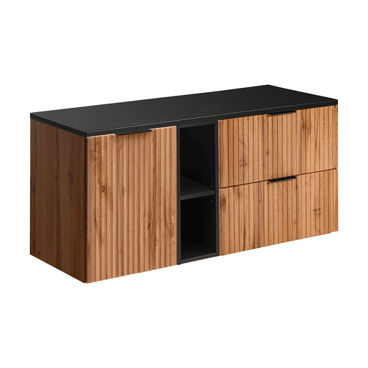 Móvel de lavatório 120cm 2 nichos cesto de roupa Adriel Madeira e Preto