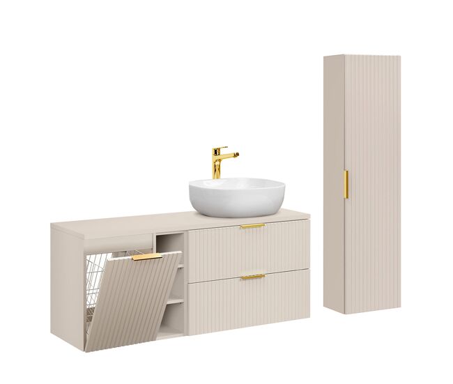 Conjunto mueble lavabo individual 140cm 3 compartimientos cesto de ropa y columna adriel cachemira
