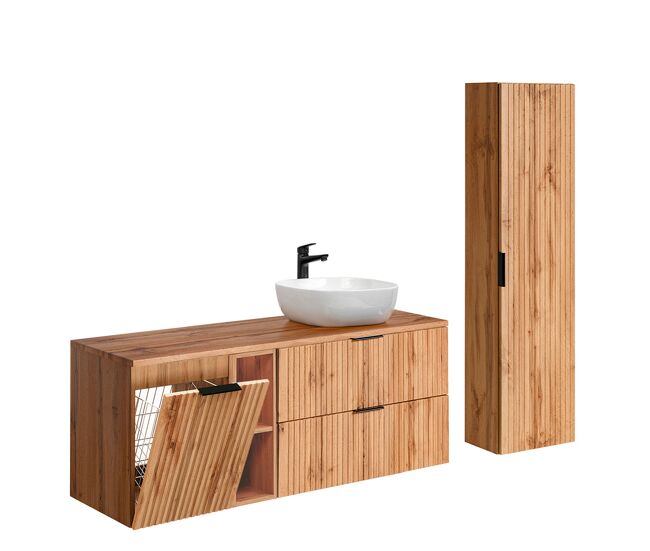 Conjunto mueble lavabo individual 140cm 2 compartimientos cesto de ropa y columna adriel madera