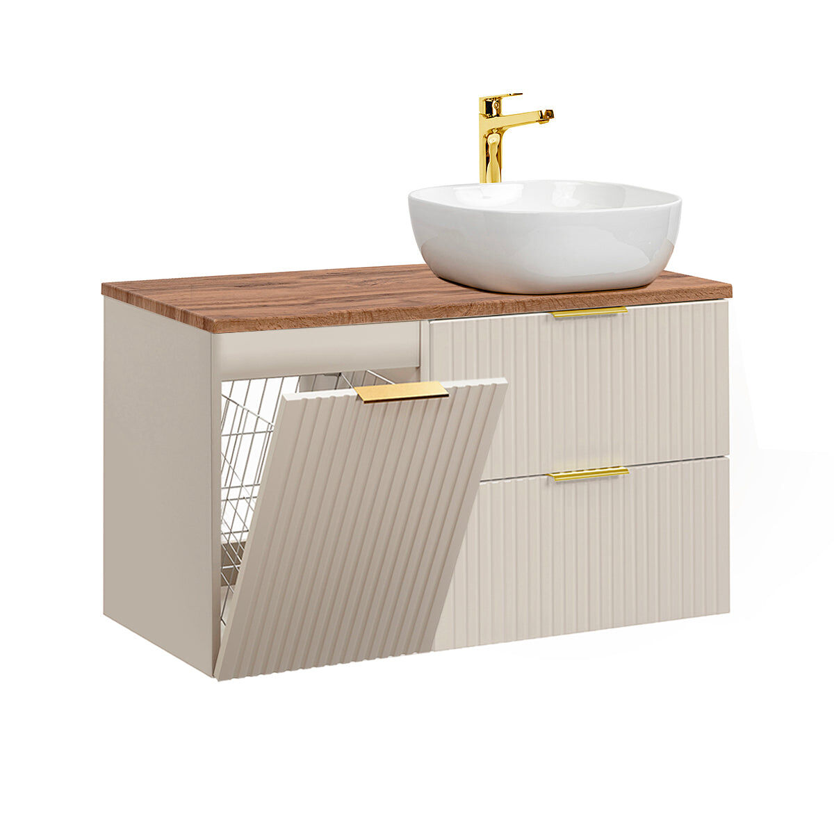 Mueble lavabo individual 100cm cesto de ropa adriel cachemira y madera