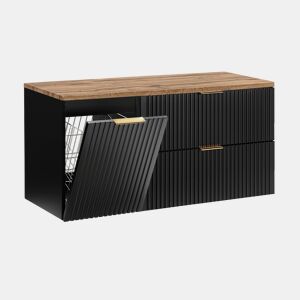 Móvel de lavatório Adriel 120cm com cesto para roupa suja Preto e Madeira