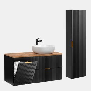 Móvel de lavatório simples 120cm cesto para roupa suja e coluna Adriel Preto e Madeira