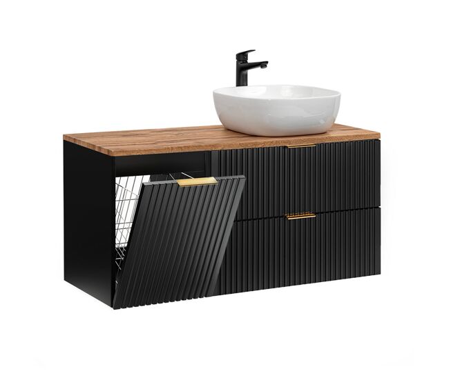 Mueble lavabo individual 120cm cesto de ropa adriel negro y madera