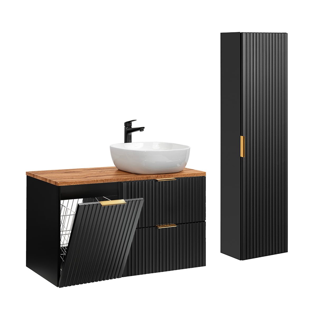 Conjunto mueble lavabo individual cesto de ropa y columna Adriel 100 Negro