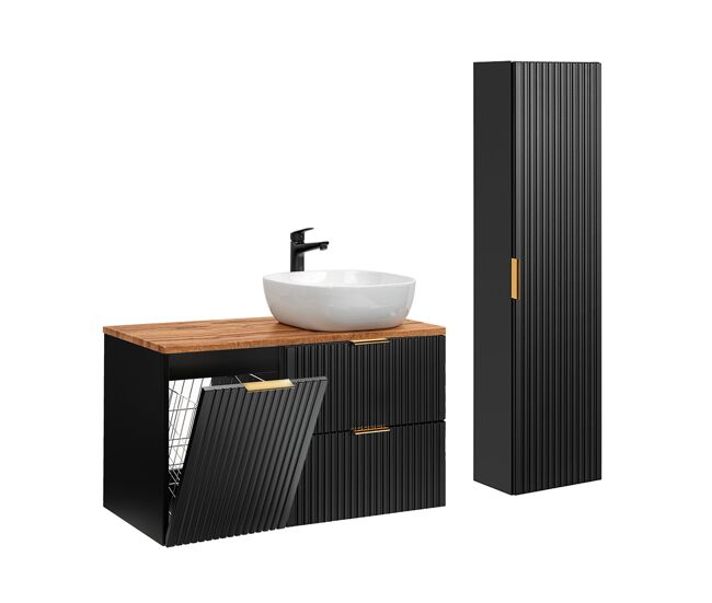 Conjunto mueble lavabo individual 100cm cesto de ropa y columna adriel negro y madera
