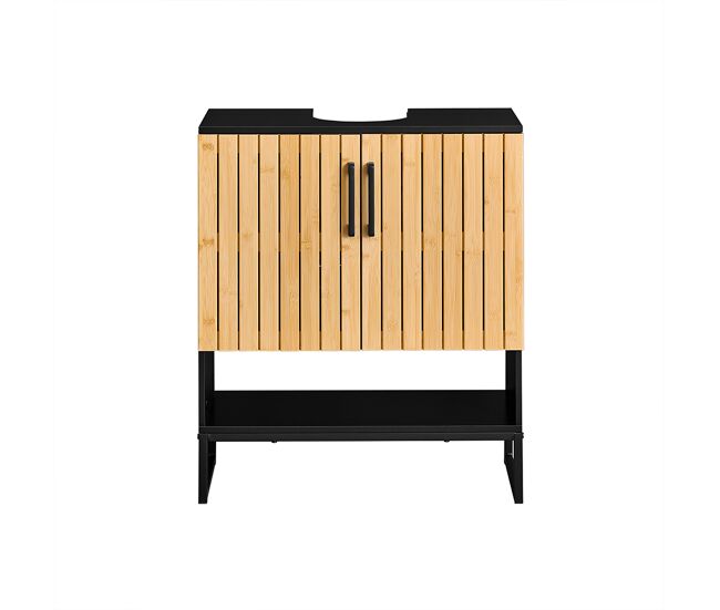 Sobuy mueble bajo lavabo 60 cm con puertas de bambú, estantería ajustable y patas metálicas bzr202-sch
