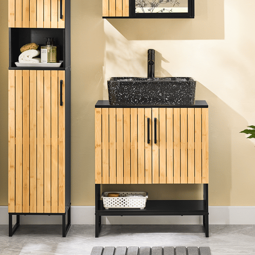 SoBuy Armário sob a pia de 60 cm com portas de bambu, prateleiras ajustáveis u200Bu200Be pernas de metal BZR202-SCH