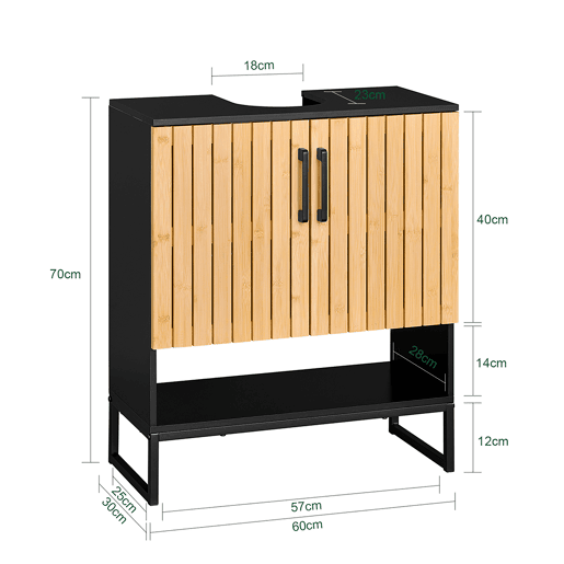 SoBuy Armário sob a pia de 60 cm com portas de bambu, prateleiras ajustáveis u200Bu200Be pernas de metal BZR202-SCH