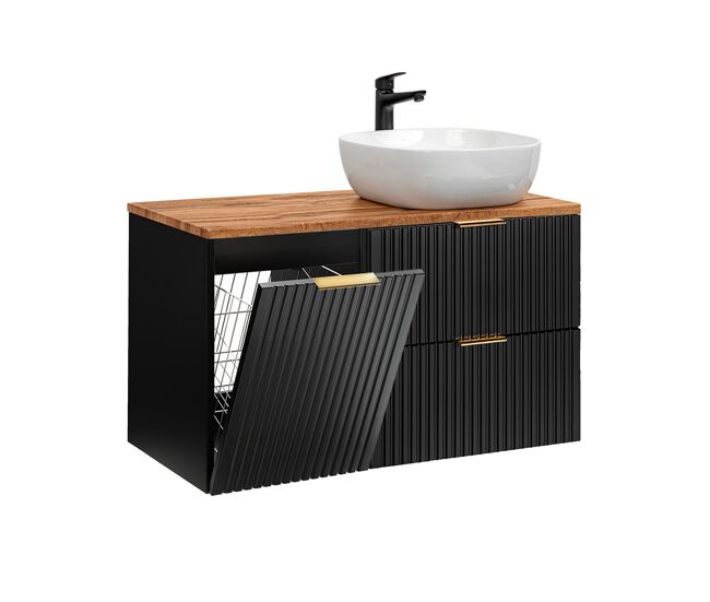 Mueble lavabo individual 100cm cesto de ropa adriel negro y madera