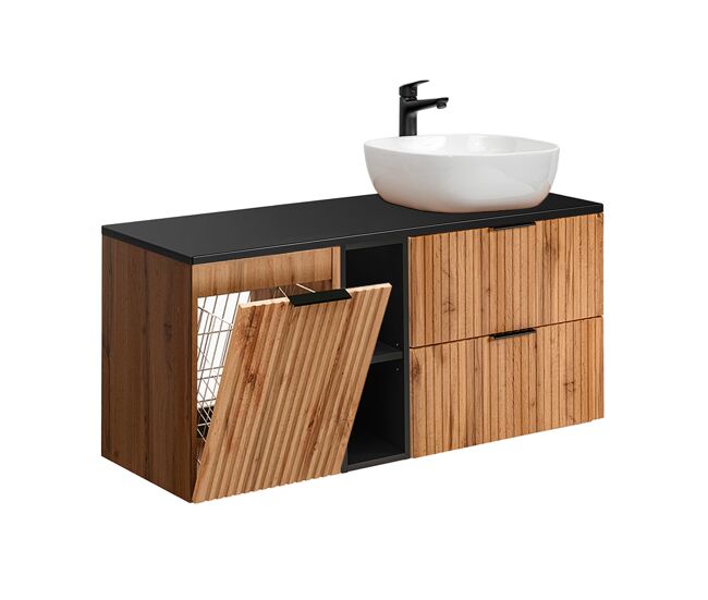Mueble lavabo individual 120cm 2 compartimientos cesto de ropa adriel madera y negro