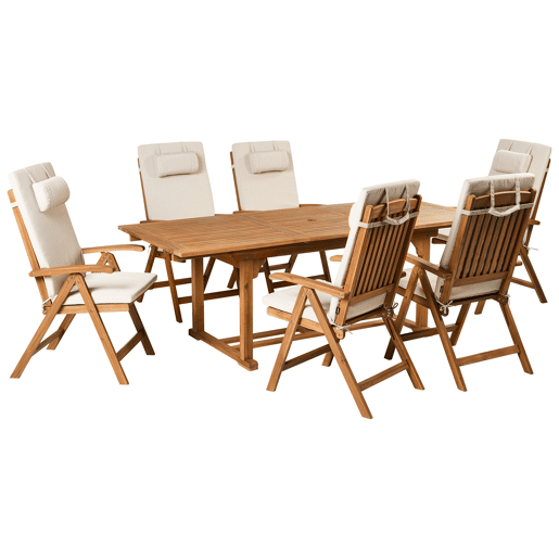 Conjunto de refeições de jardim 6 lugares JAVA PREMIUM Madeira de acácia Creme claro