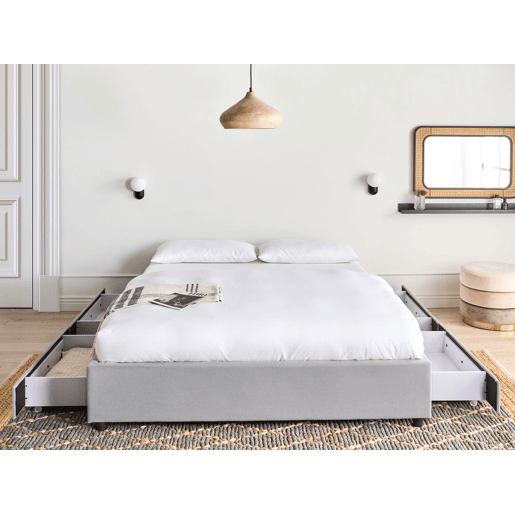Cama com gavetas de arrumação e sem cabeceira Tecido PRADES 140 x 200 cm Cinzento claro