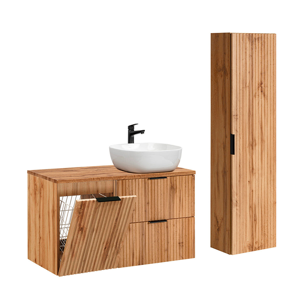 Conjunto mueble lavabo individual cesto de ropa y columna Adriel 100 Madera Clara