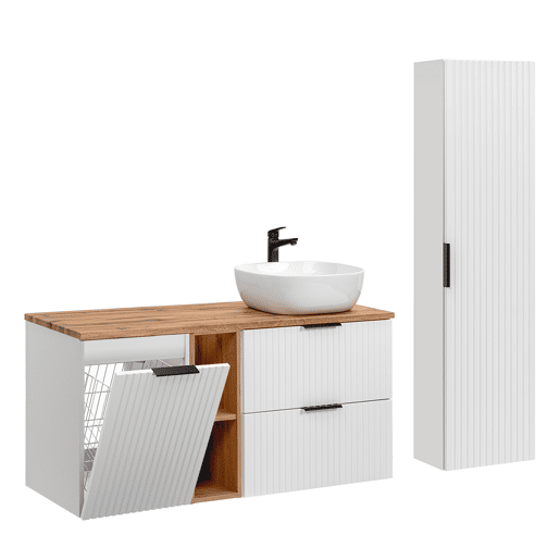 Conjunto móvel lavatório simples 120cm 2 nichos cesto para roupa suja e coluna Adriel Branco