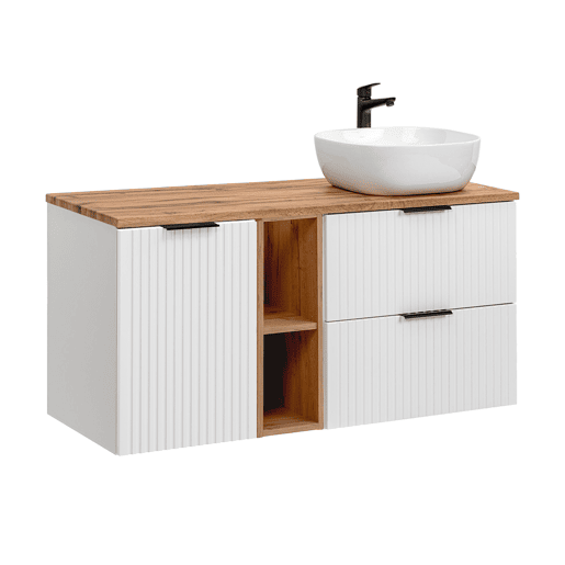 Conjunto móvel lavatório simples 120cm 2 nichos cesto para roupa suja e coluna Adriel Branco