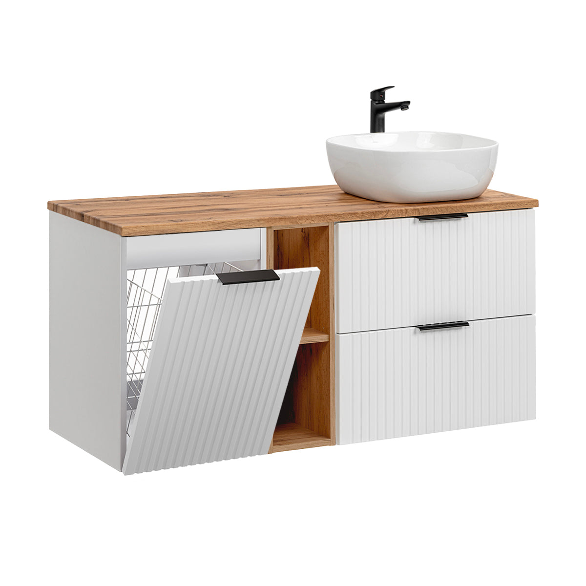 Mueble lavabo individual 120cm 2 compartimientos cesto de ropa adriel blanco
