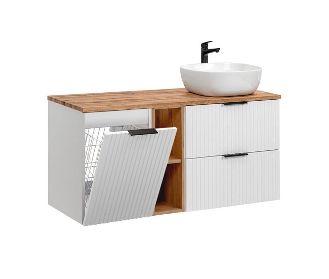 Mueble lavabo individual 120cm 2 compartimientos cesto de ropa adriel blanco