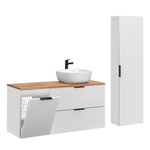 Conjunto móvel lavatório simples 120cm cesto para roupa suja e coluna Adriel Branco