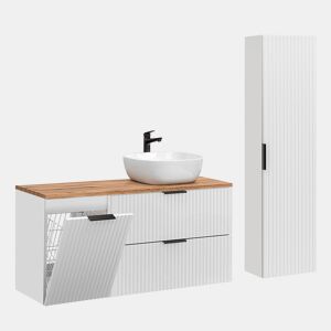 Conjunto móvel lavatório simples 120cm cesto para roupa suja e coluna Adriel Branco