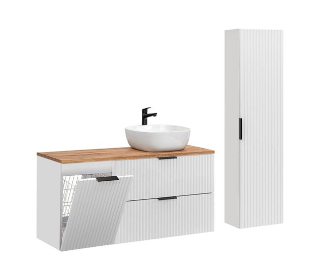 Conjunto mueble lavabo individual 120cm cesto de ropa y columna adriel blanco