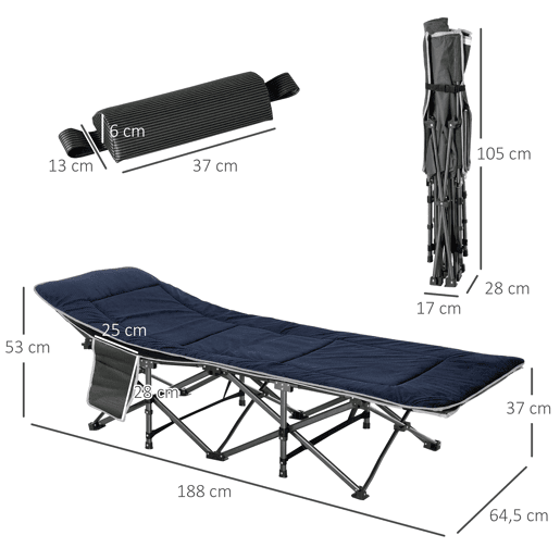 Outsunny Cama de Campismo Dobrável Cama de Campismo com Almofada Bolso Lateral Bolsa de Transporte e Estrutura de Aço Carga Máxima 150 kg para Praia Trilha 188x64,5x53 cm Preto e Azul Escuro