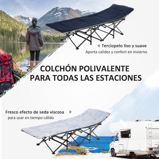 Outsunny Cama de Campismo Dobrável Cama de Campismo com Almofada Bolso Lateral Bolsa de Transporte e Estrutura de Aço Carga Máxima 150 kg para Praia Trilha 188x64,5x53 cm Preto e Azul Escuro