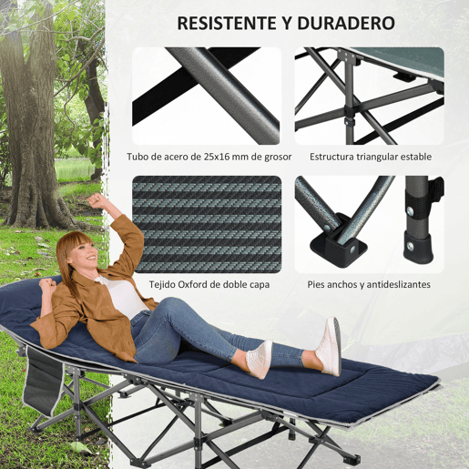 Outsunny Cama de Campismo Dobrável Cama de Campismo com Almofada Bolso Lateral Bolsa de Transporte e Estrutura de Aço Carga Máxima 150 kg para Praia Trilha 188x64,5x53 cm Preto e Azul Escuro
