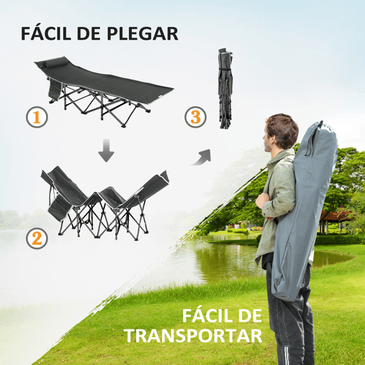 Outsunny Cama de Campismo Dobrável Cama de Campismo com Almofada Bolso Lateral Bolsa de Transporte e Estrutura de Aço Carga Máxima 150 kg para Praia Trilha 188x64,5x53 cm Preto e Azul Escuro