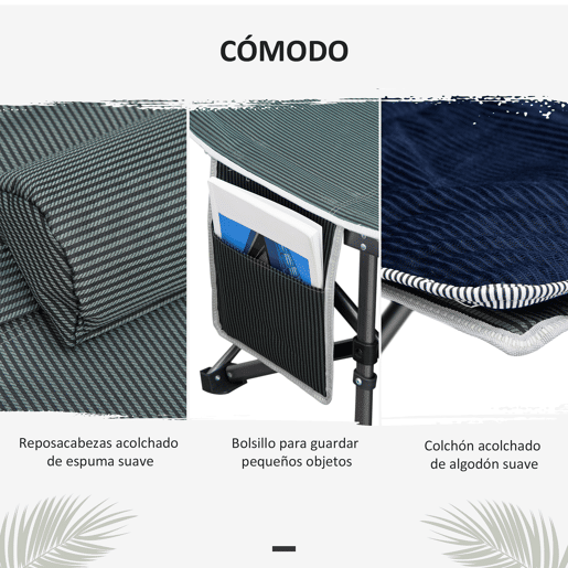 Outsunny Cama de Campismo Dobrável Cama de Campismo com Almofada Bolso Lateral Bolsa de Transporte e Estrutura de Aço Carga Máxima 150 kg para Praia Trilha 188x64,5x53 cm Preto e Azul Escuro