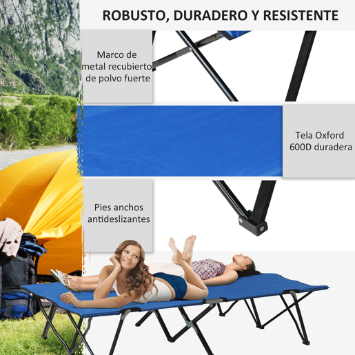 Outsunny Cama de Campismo Dobrável em Tecido Oxford 600D com Saco de Transporte e Estrutura Metálica Suporta até 136 kg para Praia e Caminhadas 193x125x40 cm Azul
