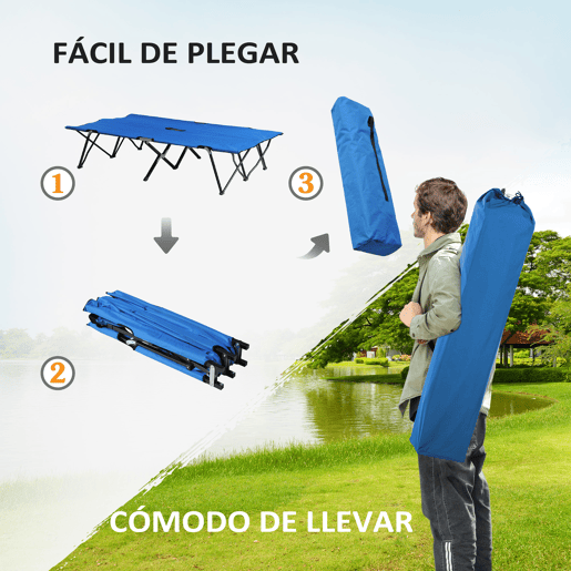 Outsunny Cama de Campismo Dobrável em Tecido Oxford 600D com Saco de Transporte e Estrutura Metálica Suporta até 136 kg para Praia e Caminhadas 193x125x40 cm Azul