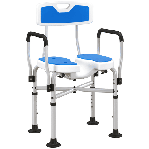 HOMCOM Assento de Duche para Pessoas Idosas Assento de Duche com Assento Ranhurado Altura Ajustável Banco de Duche Antiderrapante com Encosto e Apoio para os Braços Carga 136 kg Azul
