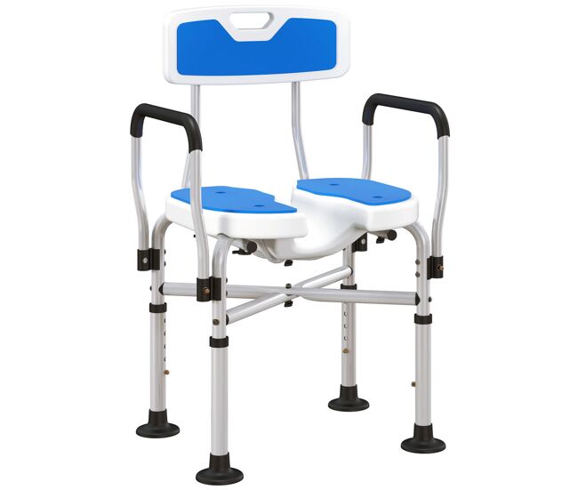 Homcom silla ducha personas mayores, silla de ducha con asiento ranurado, altura regulable, taburete de baño antideslizante con respaldo y reposabrazos, carga 136 kg, para discapacitados, azul