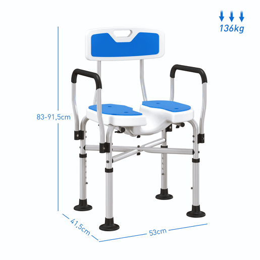 HOMCOM Assento de Duche para Pessoas Idosas Assento de Duche com Assento Ranhurado Altura Ajustável Banco de Duche Antiderrapante com Encosto e Apoio para os Braços Carga 136 kg Azul