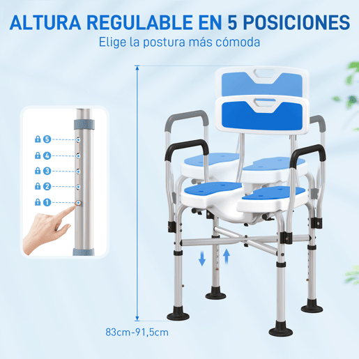 HOMCOM Assento de Duche para Pessoas Idosas Assento de Duche com Assento Ranhurado Altura Ajustável Banco de Duche Antiderrapante com Encosto e Apoio para os Braços Carga 136 kg Azul