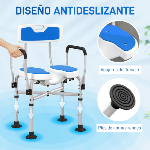 HOMCOM Assento de Duche para Pessoas Idosas Assento de Duche com Assento Ranhurado Altura Ajustável Banco de Duche Antiderrapante com Encosto e Apoio para os Braços Carga 136 kg Azul