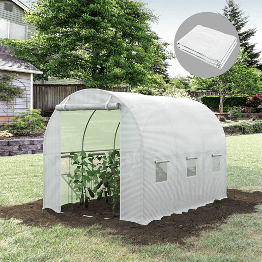 Outsunny Cobertura de Estufa de Túnel 3x2x2m Cobertura de Substituição de Estufa Polietileno com 6 Janelas e Portas Enroláveis Proteção de Plantas para Jardim Branco