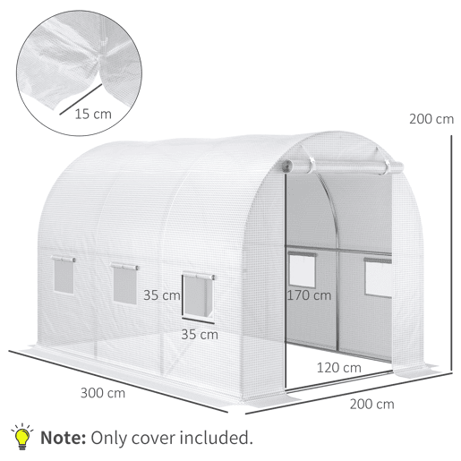 Outsunny Cobertura de Estufa de Túnel 3x2x2m Cobertura de Substituição de Estufa Polietileno com 6 Janelas e Portas Enroláveis Proteção de Plantas para Jardim Branco