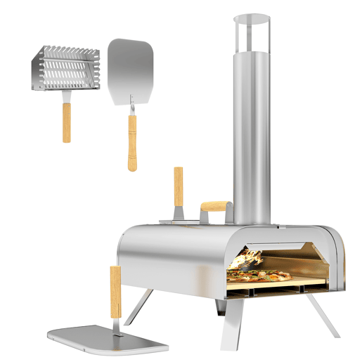 Outsunny Mini Forno a Lenha para Pizza com Pedra Refratária e Pá Forno para Pizza a Lenha em Aço Inoxidável com Pés Dobráveis e Pegas para Campismo e Exterior 79x36x75 cm Prata