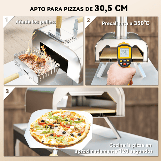 Outsunny Mini Forno a Lenha para Pizza com Pedra Refratária e Pá Forno para Pizza a Lenha em Aço Inoxidável com Pés Dobráveis e Pegas para Campismo e Exterior 79x36x75 cm Prata
