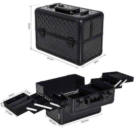 HOMCOM Estojo de Maquilhagem Mala de Maquilhagem Organizador de Cosméticos Profissional Caixa de Produtos de Beleza Portátil 35,5x20x25,5 cm Preto