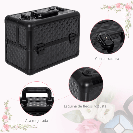 HOMCOM Estojo de Maquilhagem Mala de Maquilhagem Organizador de Cosméticos Profissional Caixa de Produtos de Beleza Portátil 35,5x20x25,5 cm Preto