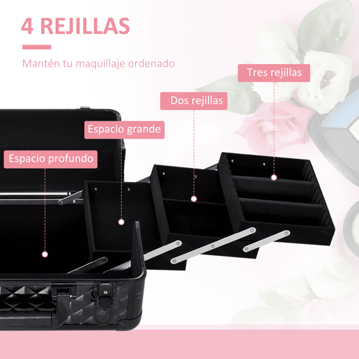 HOMCOM Estojo de Maquilhagem Mala de Maquilhagem Organizador de Cosméticos Profissional Caixa de Produtos de Beleza Portátil 35,5x20x25,5 cm Preto