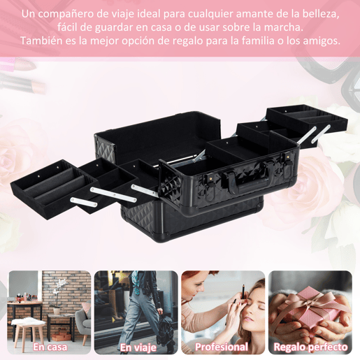 HOMCOM Estojo de Maquilhagem Mala de Maquilhagem Organizador de Cosméticos Profissional Caixa de Produtos de Beleza Portátil 35,5x20x25,5 cm Preto