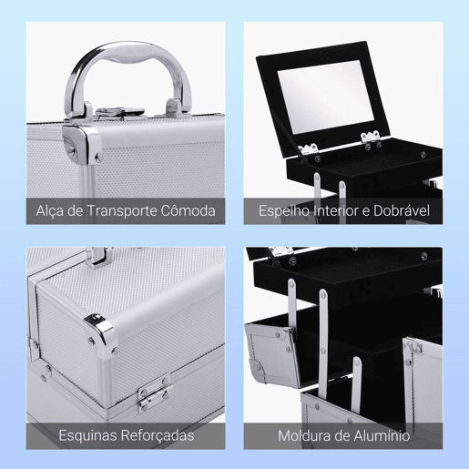 HOMCOM Estojo de Maquiagem Profissional Portátil de Cosméticos com Bandejas de 3 Níveis e Espelho 2 Chaves para Porta-Joias Manicure 15x15x20cm Prata HOMCOM Estojo de Maquiagem Profissional Portátil de Cosméticos com Bandejas de 3 Níveis e Espelho 2 Chaves para Porta-Joias Manicure 15x15x20cm Prata