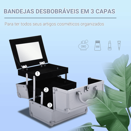 HOMCOM Estojo de Maquiagem Profissional Portátil de Cosméticos com Bandejas de 3 Níveis e Espelho 2 Chaves para Porta-Joias Manicure 15x15x20cm Prata HOMCOM Estojo de Maquiagem Profissional Portátil de Cosméticos com Bandejas de 3 Níveis e Espelho 2 Chaves para Porta-Joias Manicure 15x15x20cm Prata