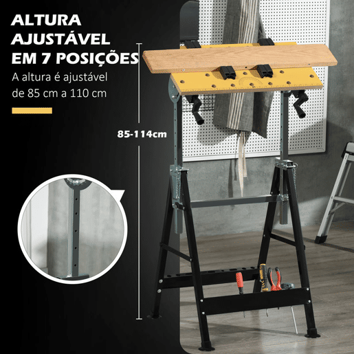 HOMCOM Bancada de trabalho ajustável em altura com 4 pinos giratórios com tabletes ajustáveis em ângulo e distância 65x60.5x85-110 cm Madeira natural e preta